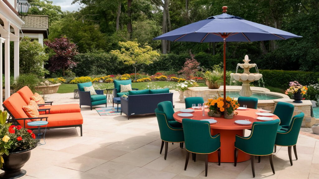 A Stunningly Designed Patio Featuring Bold-colored Furniture