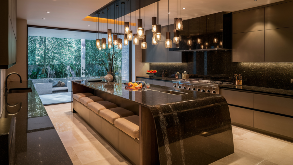 A stunningly luxurious modern kitchen with sleek dark granite