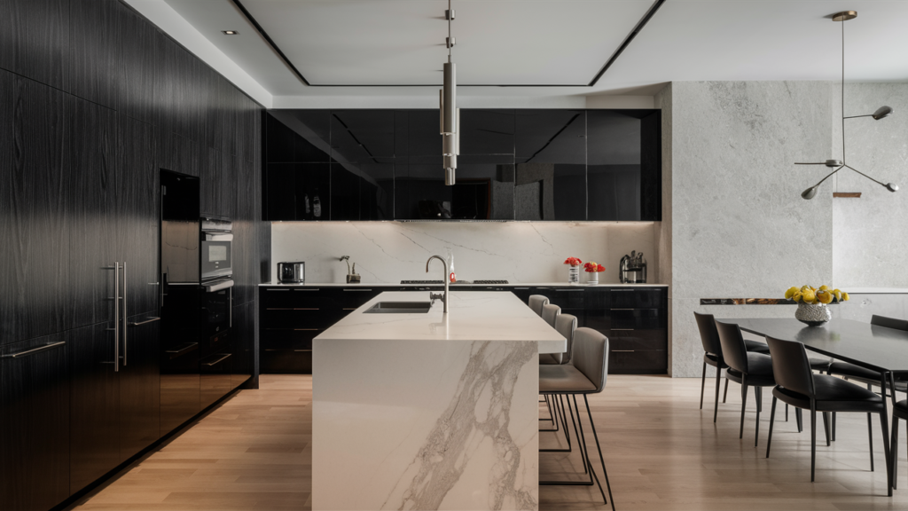 A stunningly modern and sleek kitchen showcases