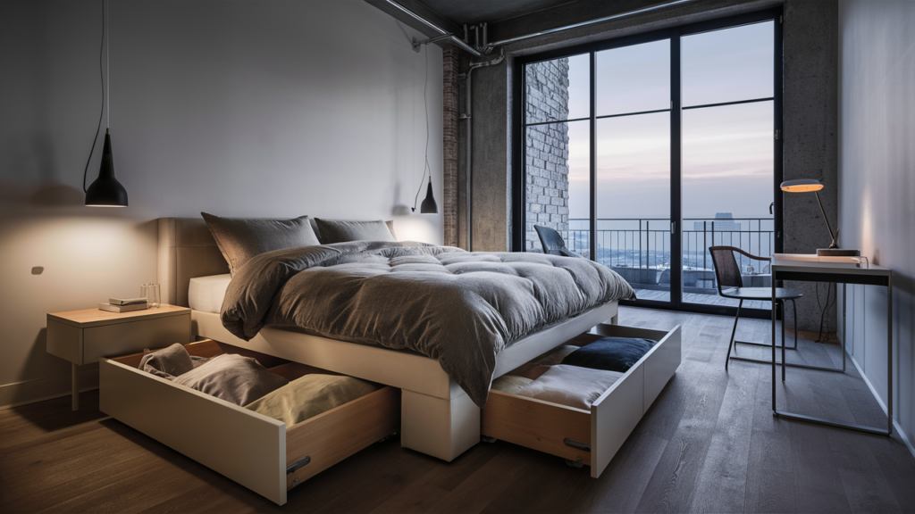 A Stylish And Minimalist Bedroom With Sleek Under-bed