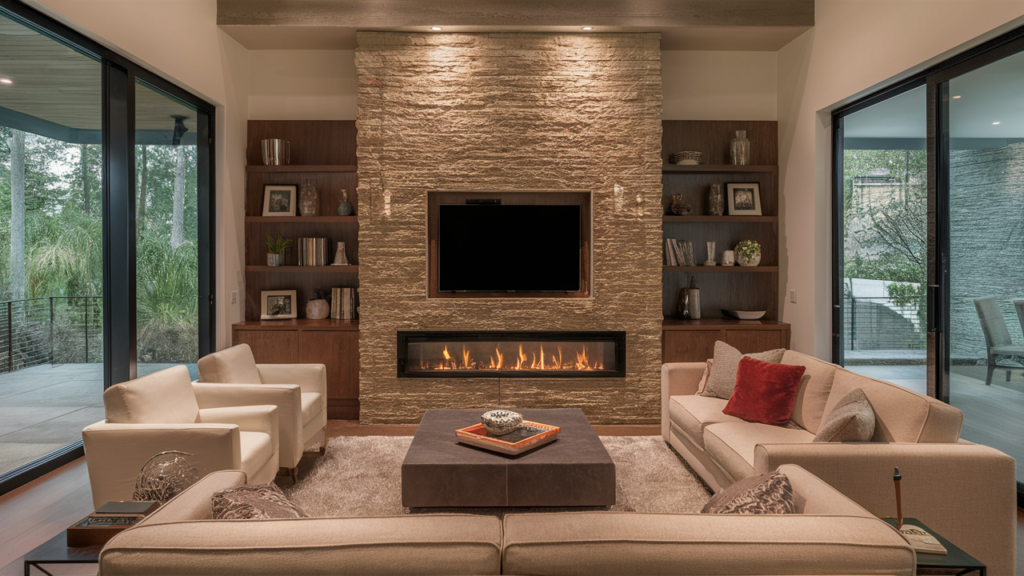 A Stylish, Built-in Stone Fireplace With A Hidden Tv Unit