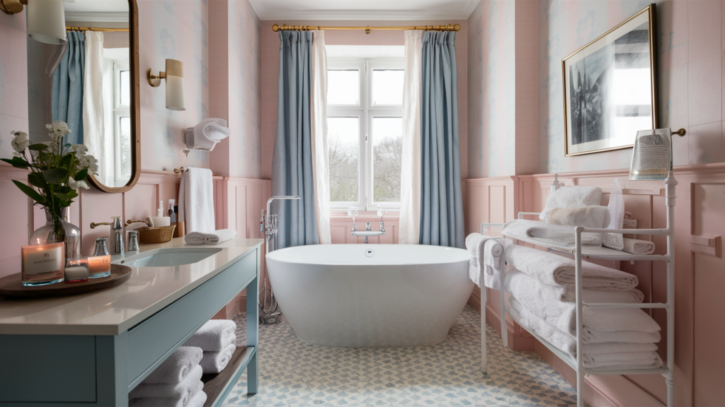 A stylish guest room in soft pastel hues