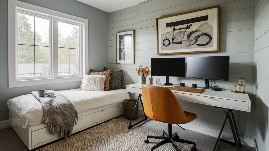 A Stylish Home Office With A Sleek White Desk, Dual Monitors