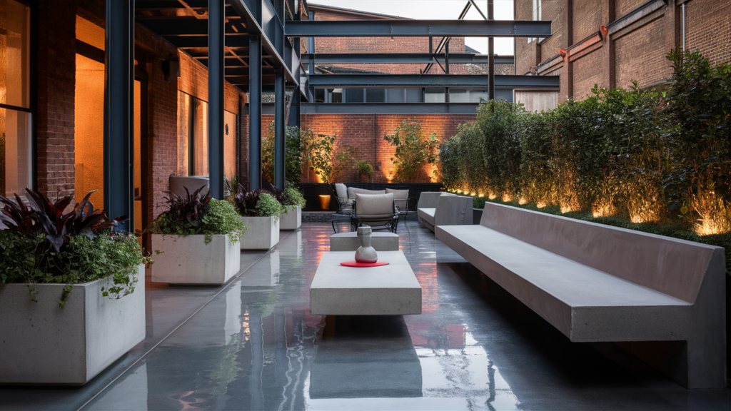 A stylish industrial-chic patio, featuring modern concrete furniture