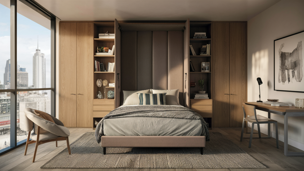 A Stylish Murphy Bed That Folds Into The Wall, Surrounded By Built-in Shelves