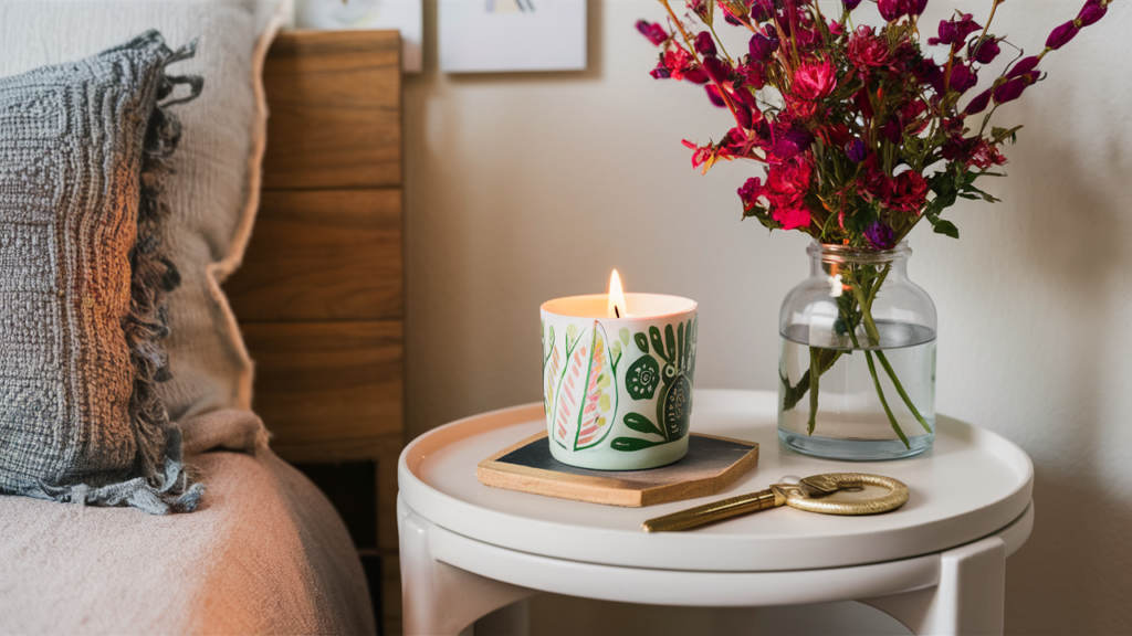 A Tea Tree-scented Candle In A Hand-painted Clay Holder