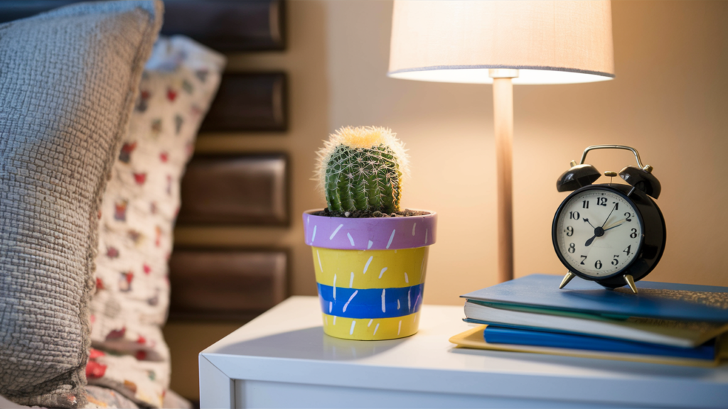 A tiny cactus in a colorful painted pot