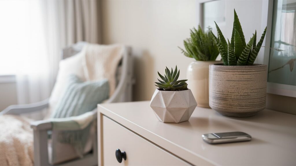 A tiny succulent in a geometric planter on a dresser