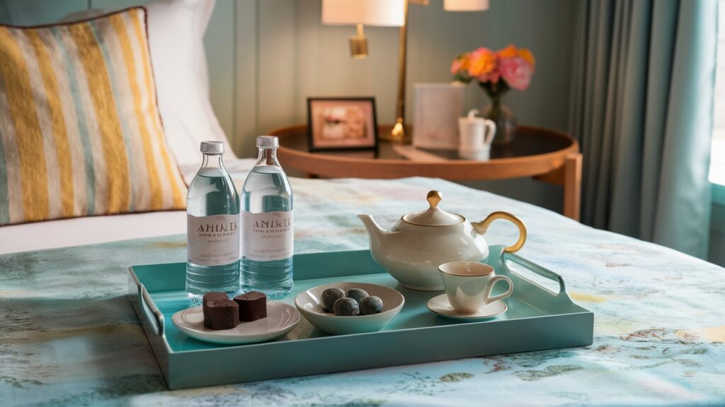 A tranquil guest room with calming pastel tones, featuring a welcome tray