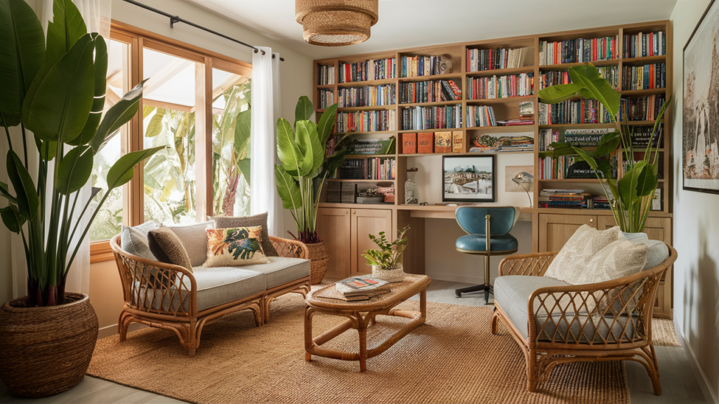 A Tropical-inspired Guest Room With A Library Corner