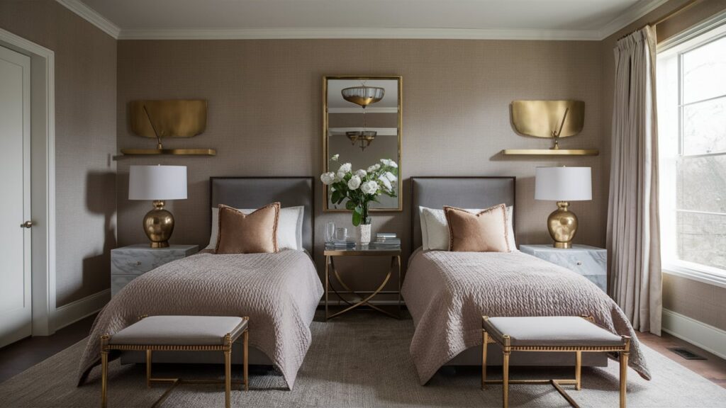 A Twin Bedside Setup With Matching Marble-topped Tables