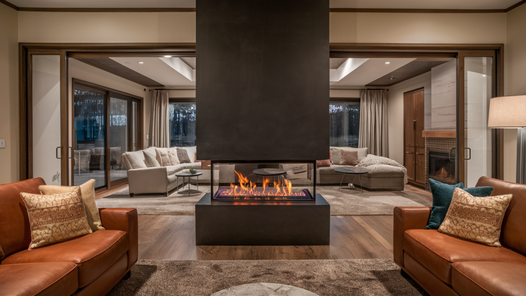 A two-way, open fireplace that connects two rooms