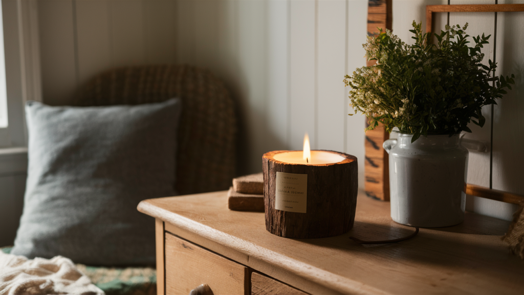 A Vanilla-scented Candle In A Rustic Wooden Holder