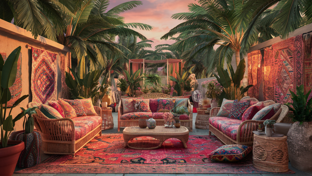 A Vibrant And Inviting Boho-style Patio Adorned With Lush Tropical Palm Trees