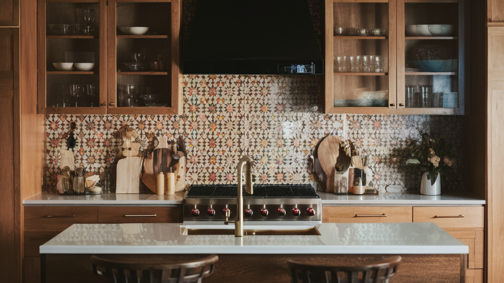 A vibrant kitchen backsplash with Moroccan-inspired geometric tile