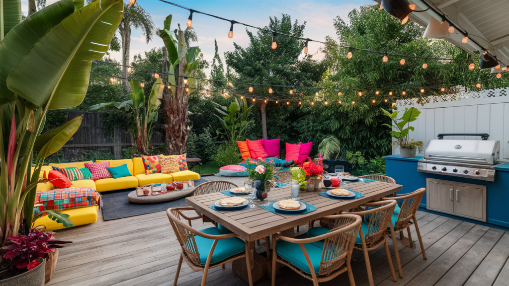 A vibrant summer patio featuring colorful cushions