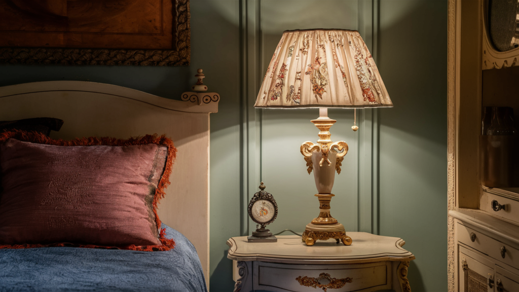 A Vintage Bedside Table With Ornate Carvings, Featuring An Elegant Table Lamp