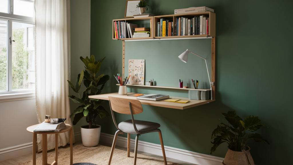 A Wall-mounted Fold-down Desk With Built-in Shelves