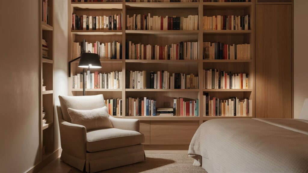 A Warm And Inviting Guest Room, Featuring A Cozy Minimalist Library Corner