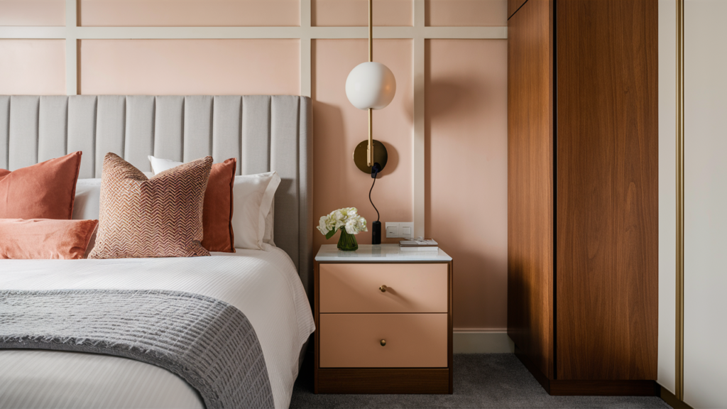 A warm and inviting guest room in soft peach