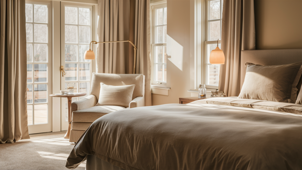 A Warm And Inviting Guest Room With A Queen-sized Bed