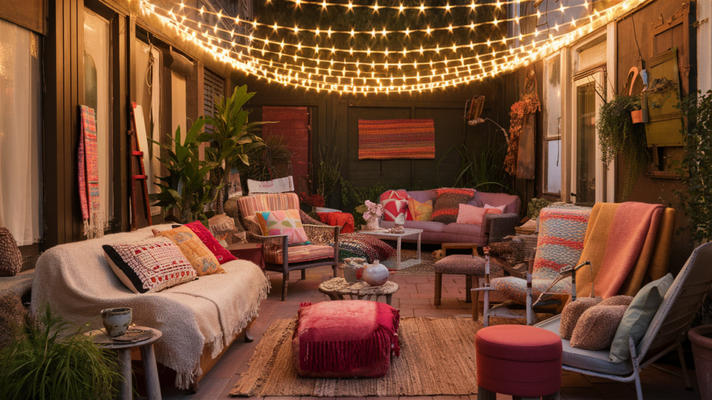 A Warm And Inviting Outdoor Space Filled With A Vibrant Mix Of Colors And Textures