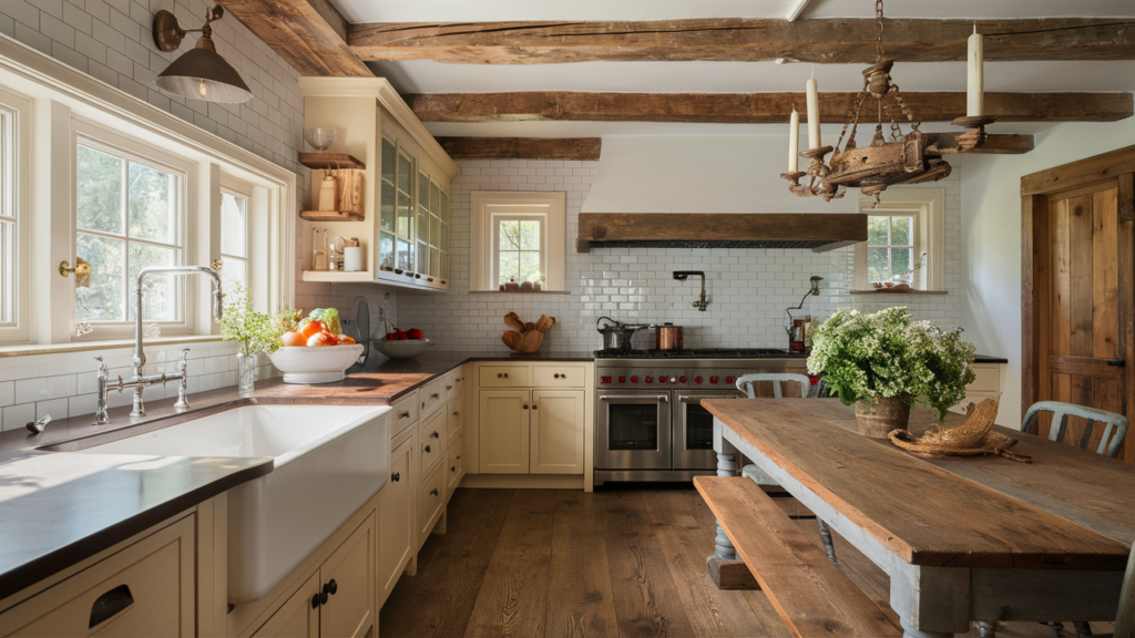 A warm and inviting rustic kitchen, showcasing a charming blend of reclaimed wooden beams