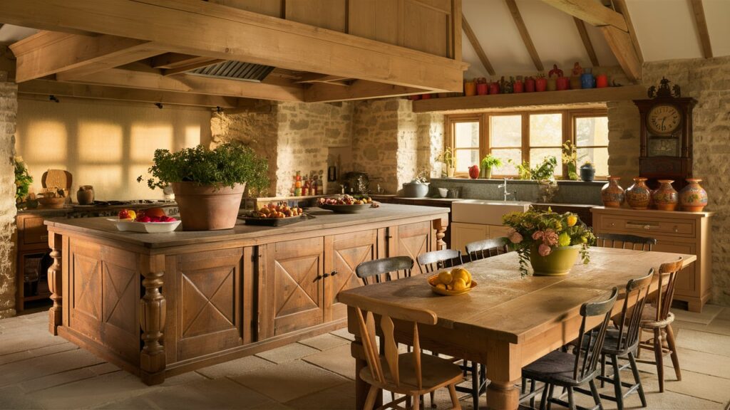 A warm and welcoming rustic kitchen, featuring a massive wooden island