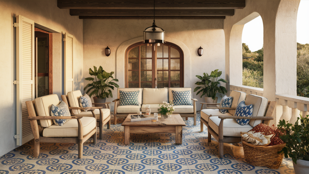 A Warm, Inviting Patio With Rustic Wooden Furniture