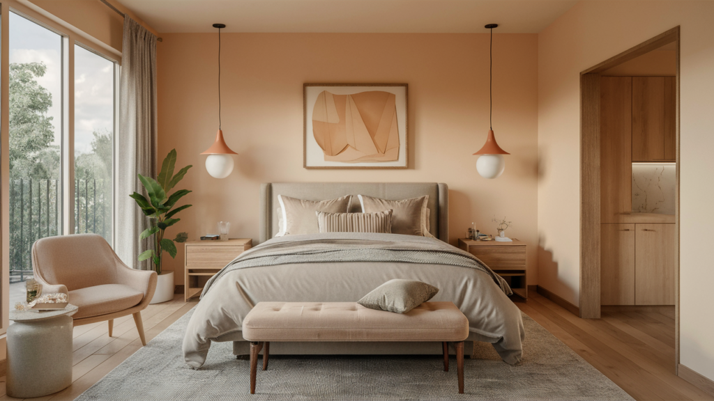 A welcoming guest room with soft pastel shades of light peach and cream