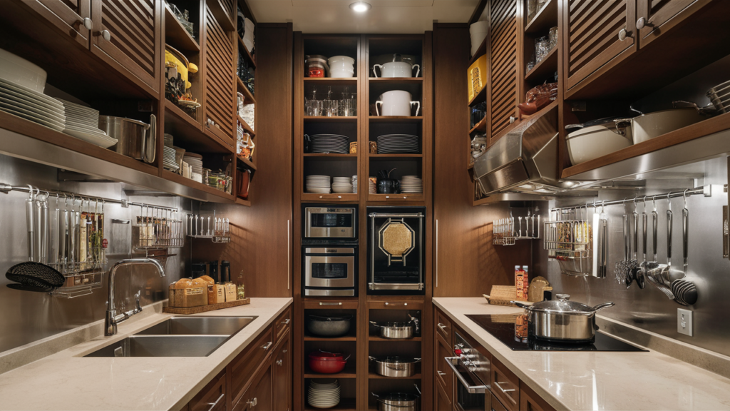 A well-organized galley kitchen with innovative vertical storage