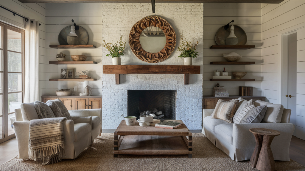 Add texture to your brick fireplace by covering it with whitewashed paint