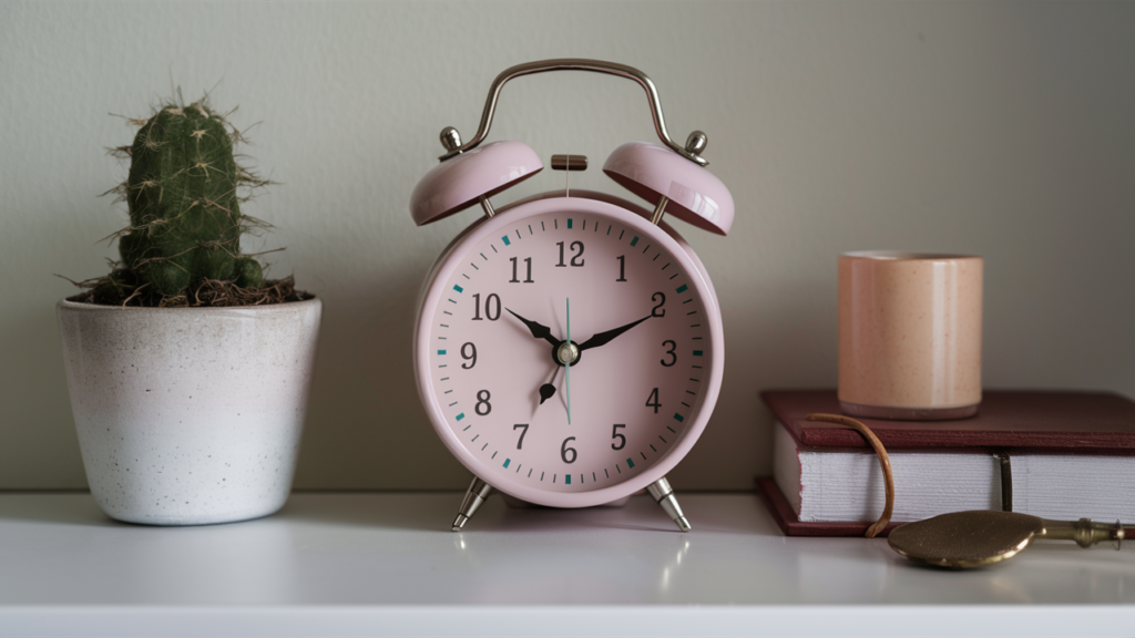 An Analog Alarm Clock In Pastel Colors With A Silent Sweep Mechanism