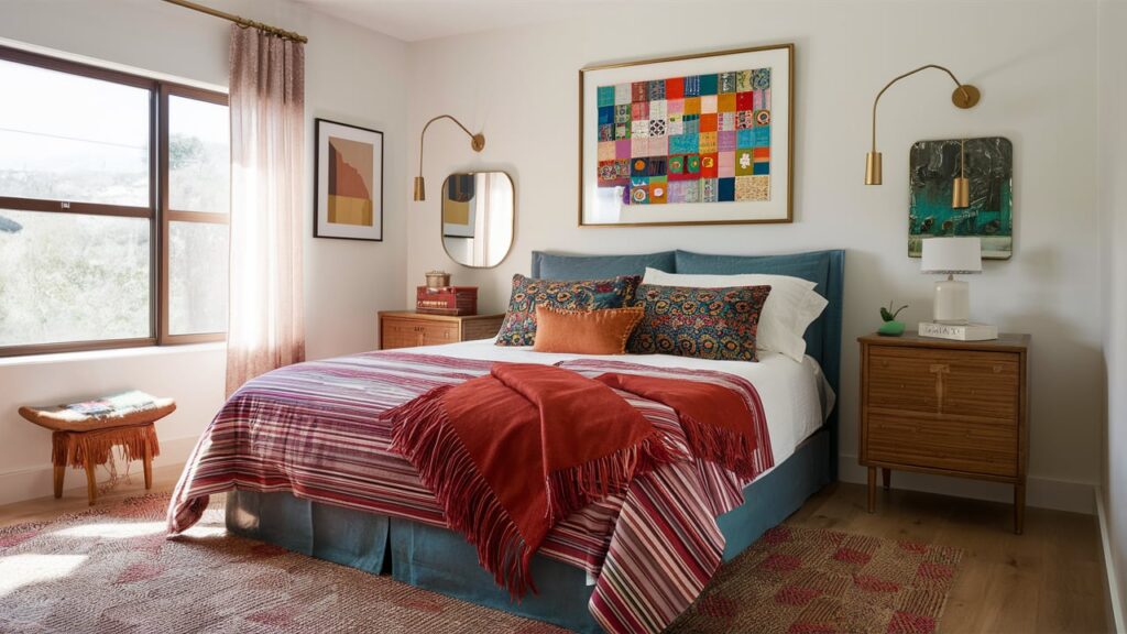 An eclectic bedroom featuring a mix of colorful patterned