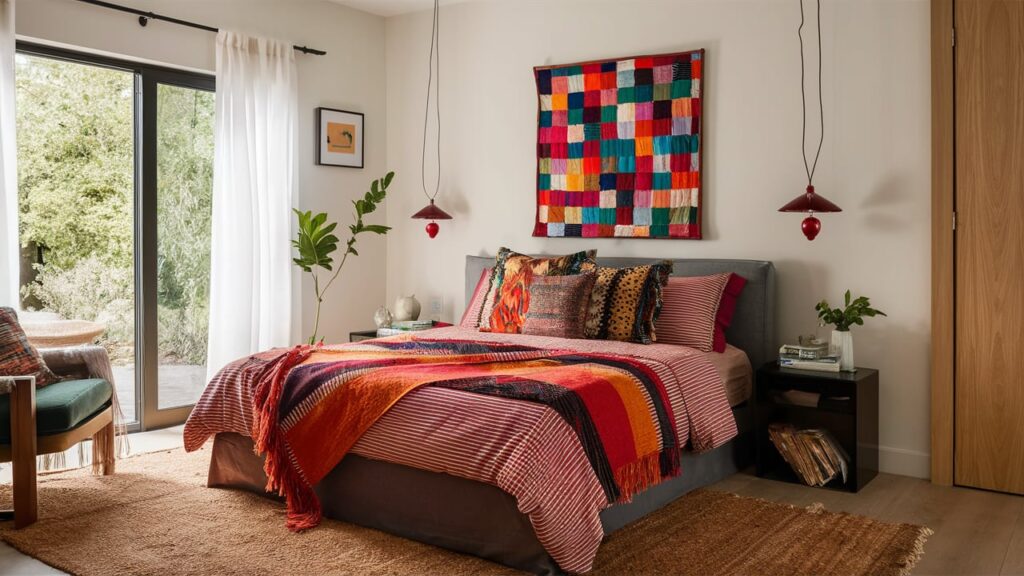 An eclectic bedroom featuring a mix of colorful patterned layers