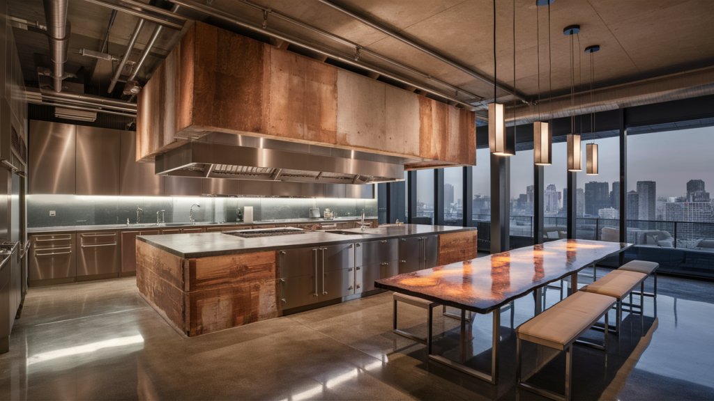 An exquisite and modern industrial kitchen design featuring polished concrete floors