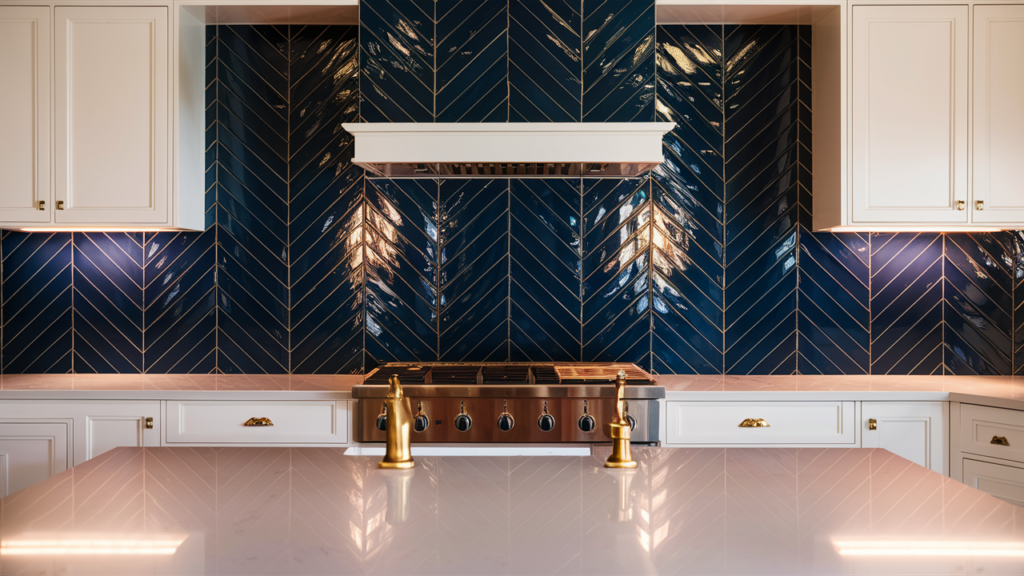 An exquisite kitchen design featuring a striking herringbone