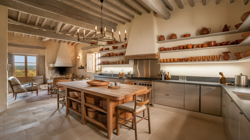 An idyllic farmhouse kitchen, seamlessly blending rustic charm