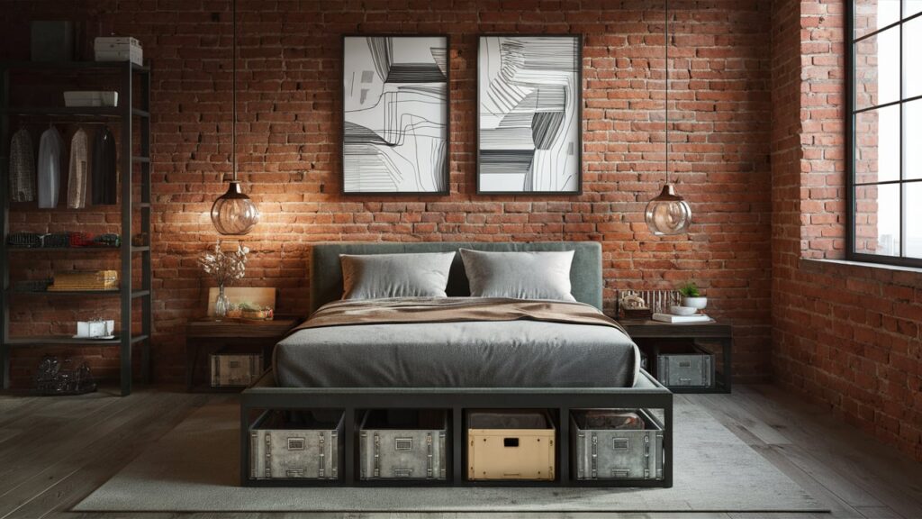 An Industrial Bedroom Featuring Under-bed Storage