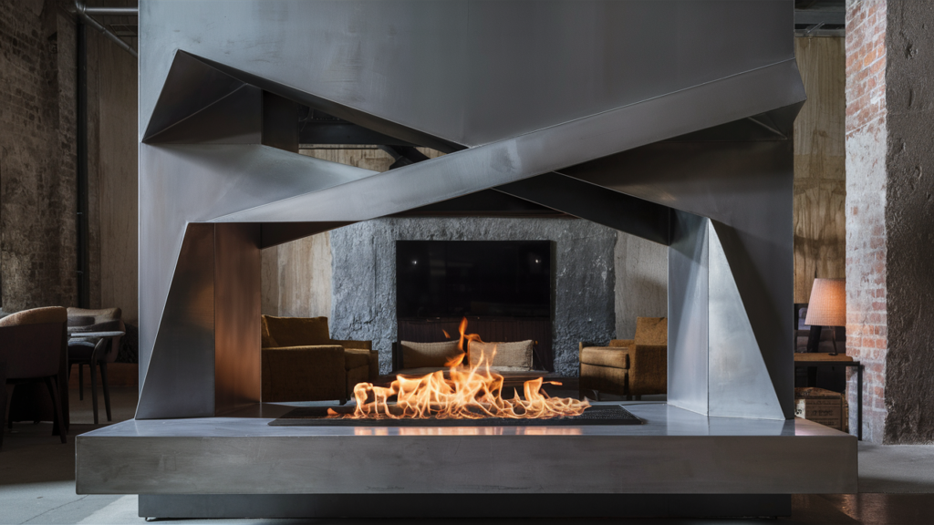 An industrial-chic fireplace design, featuring raw, exposed steel framing