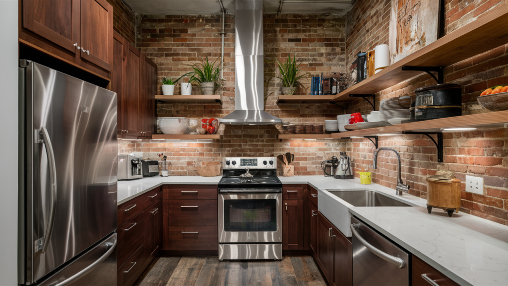 An industrial kitchen featuring exposed brick walls