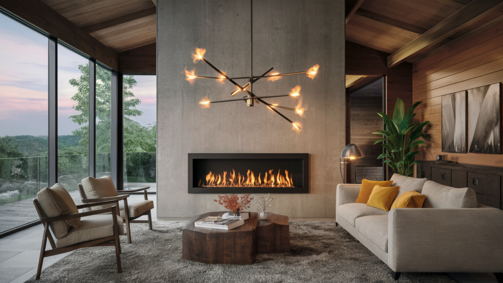 An industrial-style fireplace with a sleek steel frame