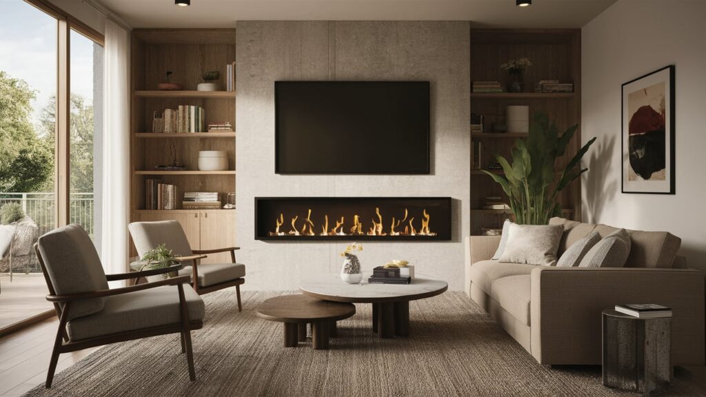 An open fireplace mounted on the wall with a sleek