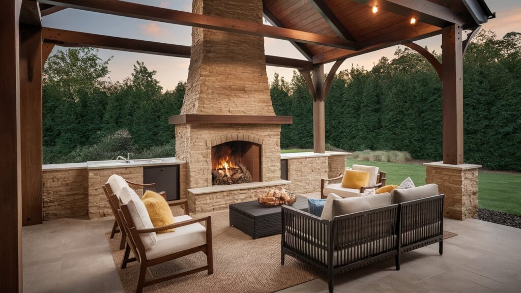 An open, rustic-style outdoor fireplace made from stone or metal