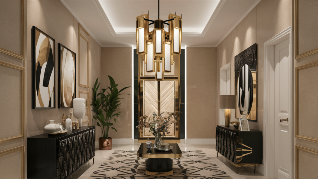 Art-deco Inspired Chandelier With Gold And Black Accents Hall Room