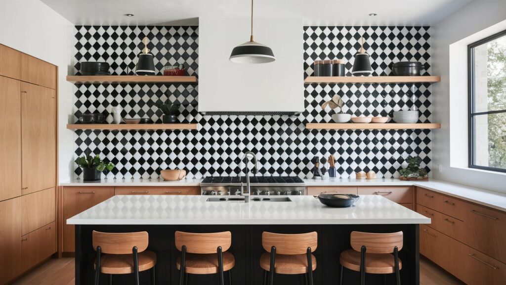 Black and white checkerboard tile backsplash for a classic