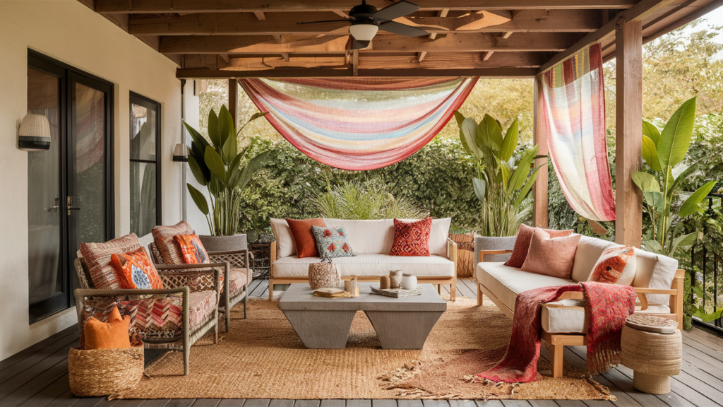 Bohemian Covered Patio With Colorful Fabrics