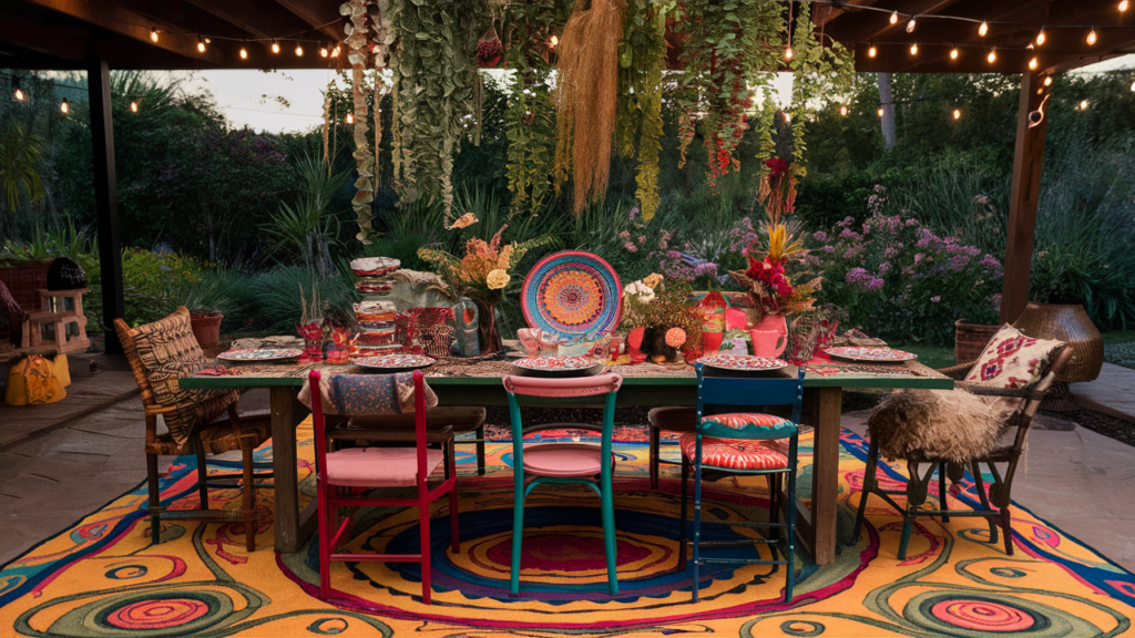 Bohemian Patio Dining with Colorful Rugs