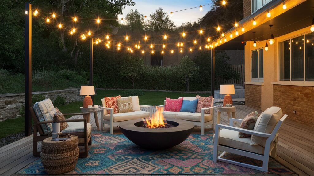 Bohemian Patio With Fire Pit And String Lights