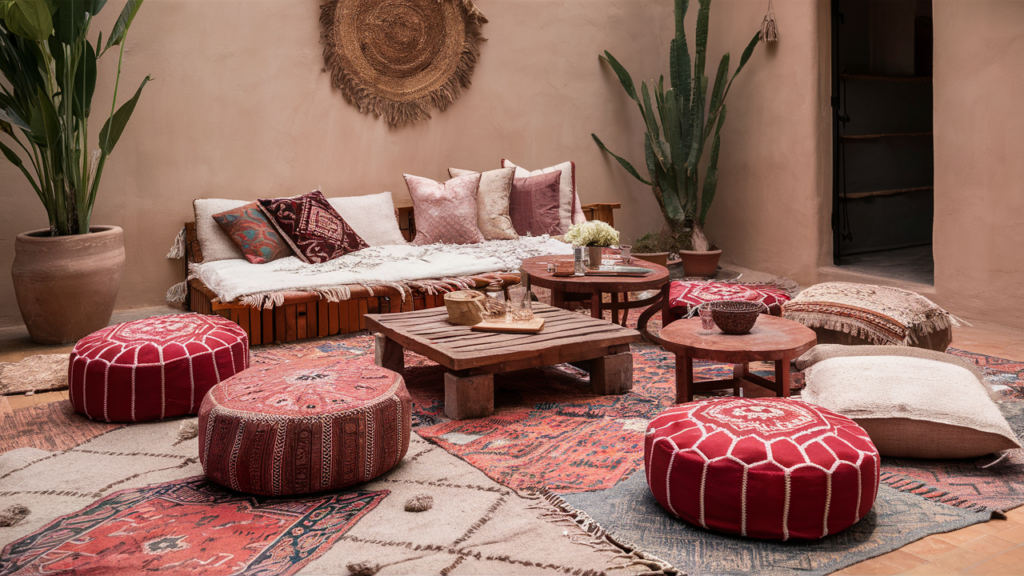 Boho Patio With Moroccan Poufs And Low Tables – A Casual